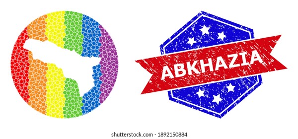 Pixelated rainbow gradiented map of Abkhazia mosaic designed with circle and cut out shape, and grunge seal stamp. LGBT rainbow colored dots around empty map of Abkhazia.