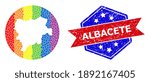 Pixelated rainbow gradiented map of Albacete Province collage formed with circle and stencil, and grunge seal stamp. LGBTQ rainbow colored pixels around empty map of Albacete Province.