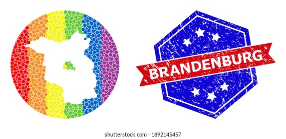 Pixelated rainbow gradiented map of Brandenburg State collage created with circle and subtracted space, and scratched seal stamp. LGBT rainbow colored dots around empty map of Brandenburg State.