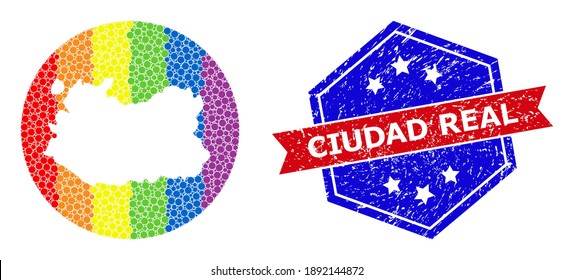 Pixelated rainbow gradiented map of Ciudad Real Province collage formed with circle and carved shape, and textured stamp. LGBT spectrum colored dots around empty map of Ciudad Real Province.