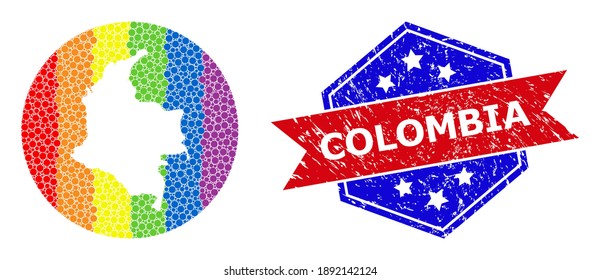 Pixelated rainbow gradiented map of Colombia mosaic created with circle and cut out shape, and textured badge. LGBT rainbow colored dots around empty map of Colombia.