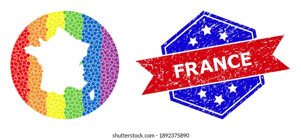 Pixelated rainbow gradiented map of France mosaic designed with circle and cut out shape, and scratched seal. LGBTQ rainbow colored dots around empty map of France.