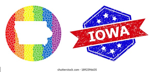 Pixelated rainbow gradiented map of Iowa State mosaic formed with circle and hole, and grunge stamp. LGBT rainbow colored pixels around empty map of Iowa State.