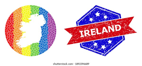 Pixelated rainbow gradiented map of Ireland Island collage designed with circle and cut out shape, and textured badge. LGBT rainbow colored dots around empty map of Ireland Island.