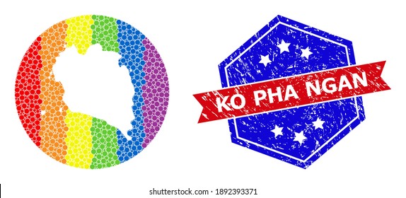 Pixelated rainbow gradiented map of Ko Pha Ngan collage created with circle and subtracted shape, and grunge stamp. LGBTQ rainbow colored dots around empty map of Ko Pha Ngan.