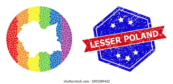 Pixelated rainbow gradiented map of Lesser Poland Province mosaic composed with circle and carved shape, and grunge seal stamp. LGBTQ rainbow colored dots around empty map of Lesser Poland Province.