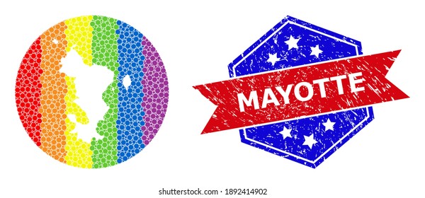 Pixelated rainbow gradiented map of Mayotte Islands collage formed with circle and hole, and scratched stamp. LGBTQ rainbow colored dots around empty map of Mayotte Islands.