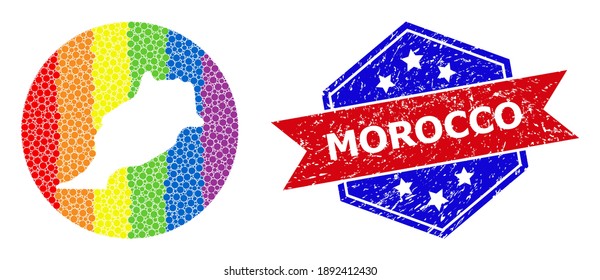 Pixelated rainbow gradiented map of Morocco collage created with circle and stencil, and distress seal. LGBT rainbow colored dots around empty map of Morocco.