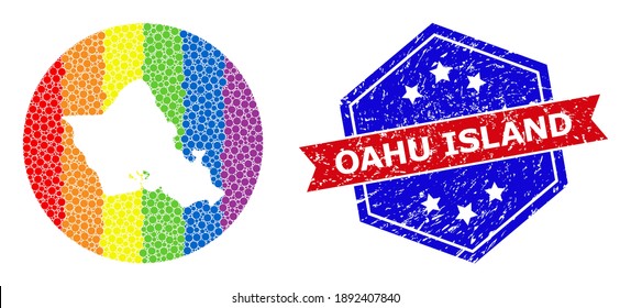 Pixelated rainbow gradiented map of Oahu Island mosaic created with circle and stencil, and textured seal stamp. LGBT spectrum colored pixels around empty map of Oahu Island.