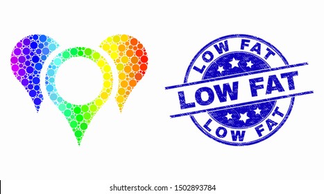 Pixelated rainbow gradiented map pointers mosaic icon and Low Fat seal. Blue vector rounded scratched seal with Low Fat message. Vector combination in flat style.