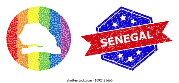Pixelated rainbow gradiented map of Senegal mosaic created with circle and subtracted shape, and textured seal. LGBT rainbow colored pixels around empty map of Senegal.