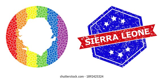 Pixelated rainbow gradiented map of Sierra Leone collage composed with circle and carved shape, and grunge stamp. LGBTQ rainbow colored dots around empty map of Sierra Leone.