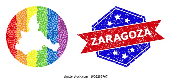 Pixelated rainbow gradiented map of Zaragoza Province mosaic composed with circle and subtracted space, and grunge seal. LGBTQ rainbow colored dots around empty map of Zaragoza Province.