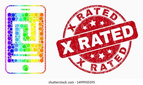Pixelated rainbow gradiented mobile shekel account mosaic icon and X Rated seal. Red vector round distress seal stamp with X Rated message. Vector combination in flat style.