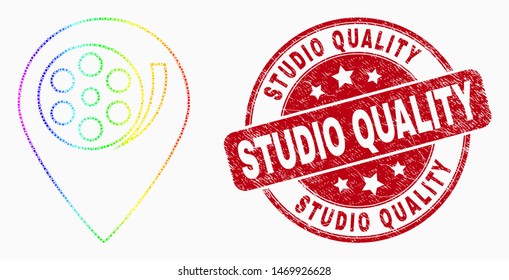 Pixelated rainbow gradiented movie map marker mosaic icon and Studio Quality watermark. Red vector round distress seal stamp with Studio Quality message. Vector combination in flat style.