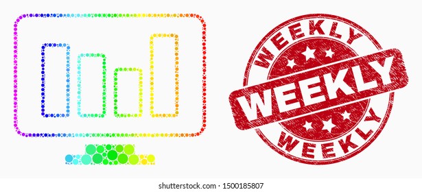 Pixelated rainbow gradiented online chart mosaic icon and Weekly seal. Red vector round distress seal stamp with Weekly phrase. Vector collage in flat style.