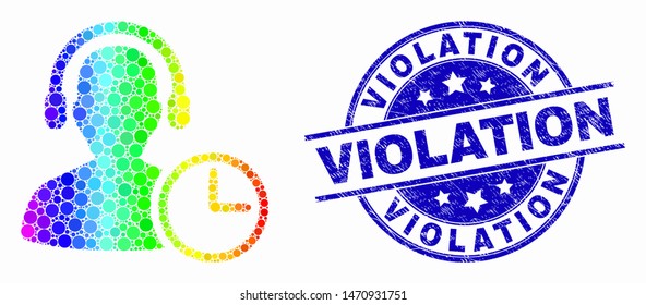 Pixelated rainbow gradiented operator time mosaic icon and Violation seal stamp. Blue vector rounded scratched seal stamp with Violation phrase. Vector combination in flat style.