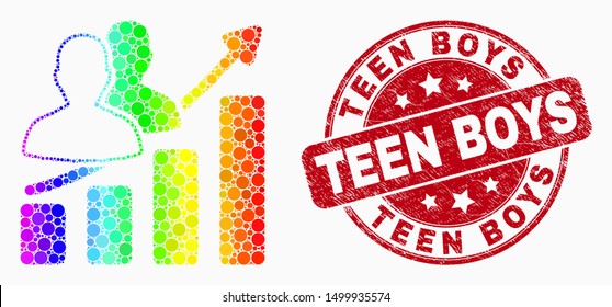 Pixelated rainbow gradiented people trend chart mosaic pictogram and Teen Boys seal stamp. Red vector rounded scratched seal stamp with Teen Boys phrase. Vector collage in flat style.