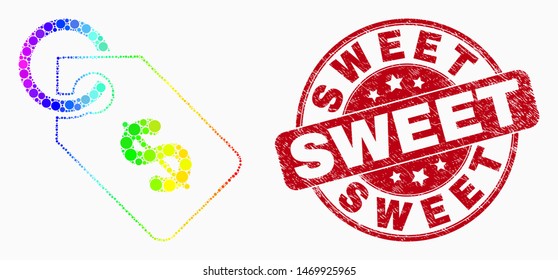 Pixelated rainbow gradiented price tag mosaic pictogram and "Sweet" seal stamp. Red vector round textured seal stamp with "Sweet" phrase. Vector composition in flat style.