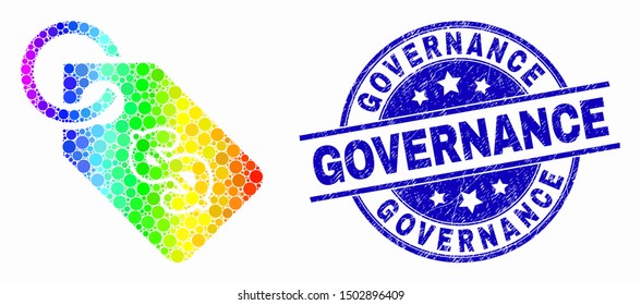 Pixelated rainbow gradiented price tag mosaic icon and Governance seal stamp. Blue vector rounded distress seal with Governance text. Vector combination in flat style.