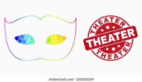 Pixelated rainbow gradiented private mask mosaic icon and Theater seal stamp. Red vector rounded textured seal stamp with Theater phrase. Vector composition in flat style.