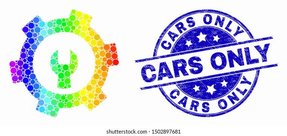 Pixelated rainbow gradiented repair gear mosaic icon and Cars Only seal stamp. Blue vector rounded textured seal stamp with Cars Only text. Vector composition in flat style.
