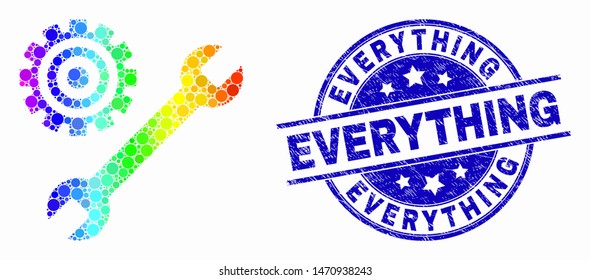 Pixelated rainbow gradiented repair tools mosaic icon and Everything seal stamp. Blue vector round grunge seal stamp with Everything caption. Vector combination in flat style.