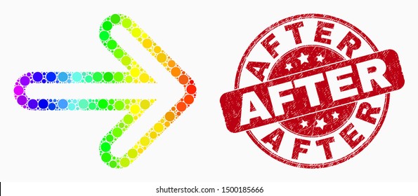 Pixelated rainbow gradiented right direction arrow mosaic pictogram and After seal. Red vector rounded textured seal stamp with After title. Vector combination in flat style.