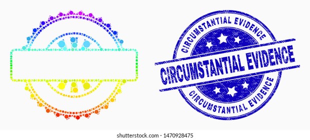 Pixelated rainbow gradiented seal stamp template mosaic pictogram and Circumstantial Evidence watermark. Blue vector round scratched seal stamp with Circumstantial Evidence title.