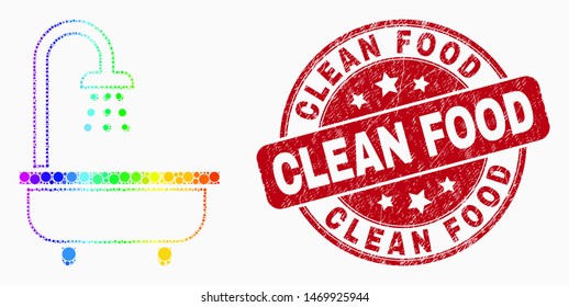 Pixelated rainbow gradiented shower bath mosaic pictogram and "Clean Food" watermark. Red vector rounded distress watermark with "Clean Food" phrase. Vector composition in flat style.
