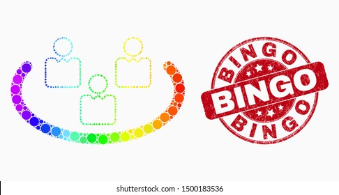 Pixelated rainbow gradiented social ring mosaic icon and Bingo stamp. Red vector rounded distress seal stamp with Bingo text. Vector composition in flat style.