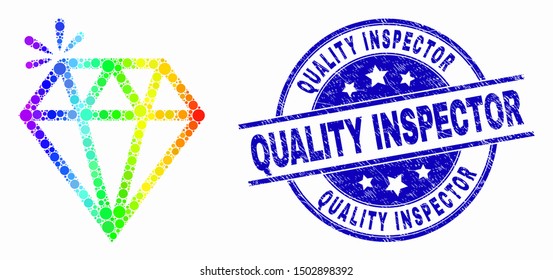 Pixelated rainbow gradiented spark brilliant mosaic pictogram and Quality Inspector watermark. Blue vector rounded grunge seal with Quality Inspector title. Vector collage in flat style.