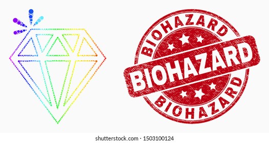 Pixelated rainbow gradiented spark brilliant mosaic pictogram and Biohazard seal. Red vector round grunge watermark with Biohazard text. Vector combination in flat style.