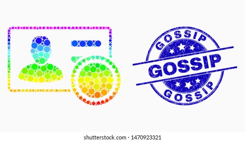 Pixelated rainbow gradiented stamped user card mosaic pictogram and Gossip stamp. Blue vector round distress seal stamp with Gossip title. Vector combination in flat style.