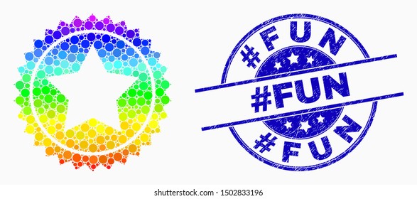 Pixelated rainbow gradiented star seal stamp mosaic pictogram and Hashtag Fun seal stamp. Blue vector rounded grunge seal stamp with Hashtag Fun text. Vector collage in flat style.