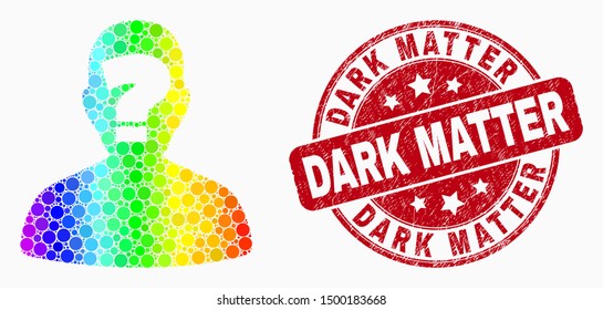 Pixelated rainbow gradiented unknown person mosaic icon and Dark Matter seal. Red vector rounded scratched seal stamp with Dark Matter message. Vector composition in flat style.