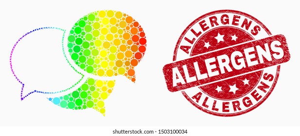 Pixelated rainbow gradiented webinar messages mosaic pictogram and Allergens stamp. Red vector round textured watermark with Allergens title. Vector collage in flat style.