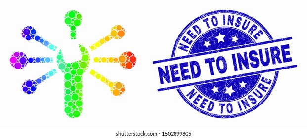 Pixelated rainbow gradiented wrench links mosaic pictogram and Need to Insure seal stamp. Blue vector rounded grunge seal stamp with Need to Insure message. Vector collage in flat style.