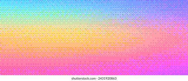 Pixelated rainbow holographic blurred gradient background with dithering effect. Colorful pixel art mosaic texture in summer tones. Vintage retro video game background. Vector illustration in 8-bit