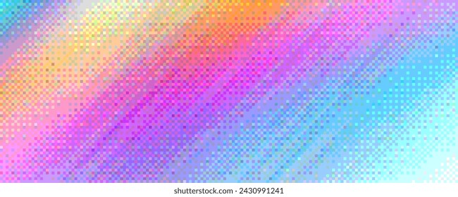 Pixelated rainbow holographic diagonal gradient background with dithering effect. Colorful neon pixel art mosaic texture. Vintage retro video game background. Vector illustration in 8-bit style