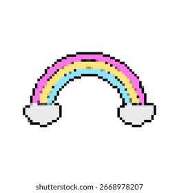 Pixelated rainbow icon with vibrant colors and cloud ends, showcasing a playful mosaic design.