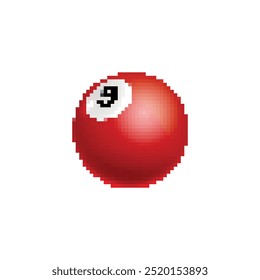 Icono de bola de billar rojo pixelado. Simple pixel art bola de billar roja con el número 9