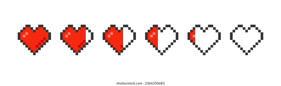 Pixelated red heart icon on light background. Pixel game life bar symbol. Cute st valentine's day heart, game element. Outline flat and colored style. Vector illustration.