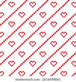 Pixelated red heart pattern on diagonal stripes