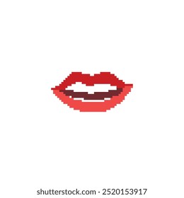 Ilustración de labios rojos pixelados. Labios rojos del arte simple del pixel con la boca abierta que muestra los dientes.