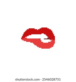 Illustration mit verpixelten roten Lippen. Einfache Pixel Art rote Lippen mit offenem Mund zeigt Zähne.