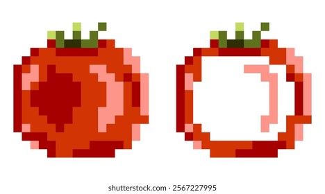 Pixelated red tomatoes on a white background. Vector Pixel-style tomato icons on an isolated background. Minimalistic geometric images of vegetables for menus, salads, juices, healthy and baby food.