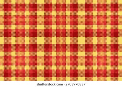 Padrão quadriculado vermelho e amarelo pixelizado. Estilo quente, clássico perfeito para fundos, têxteis, projetos digitais. Evoca nostalgia, conforto, temas tradicionais.