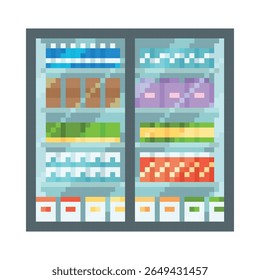 A pixelated refrigerator with full shelves of food products. Rack for storage and sale. Supermarket, retail theme. 8 bit game interface. Flat vector illustration. Isolated icon.