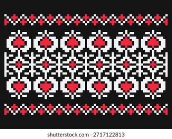 Pixelated repeated border ornament on black background, Ukrainian embroidery motifs from Poltava region